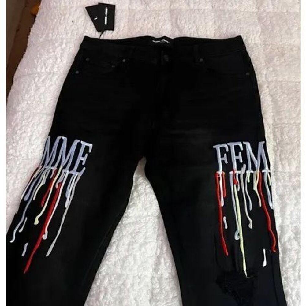 Homme + Femme Mens 34 Letterman Drip Logo Black Denim Jean Multicolor Streetwear